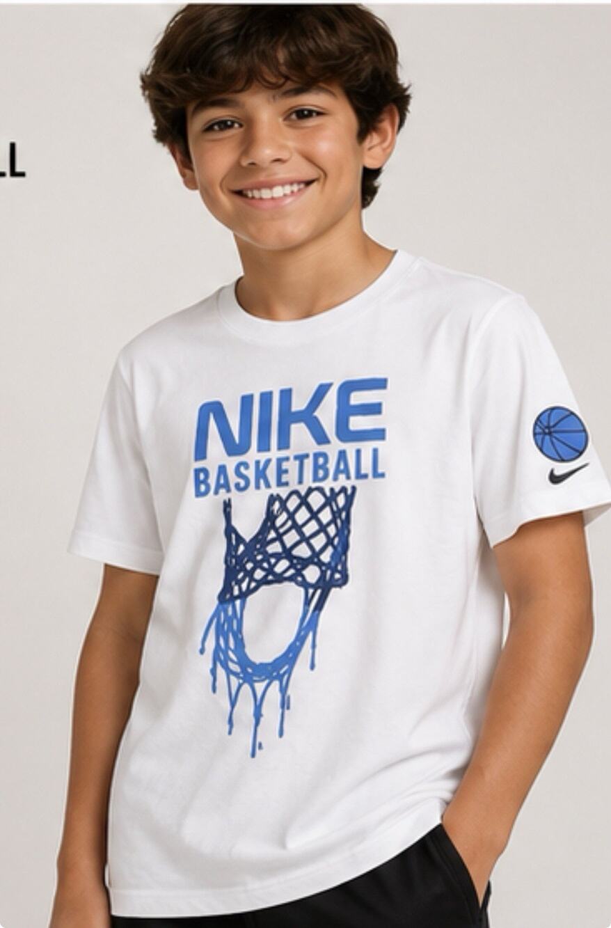 Nike Basketball Boys M 10/12 White Blue Hoop Graphic T-Shirt Swoosh